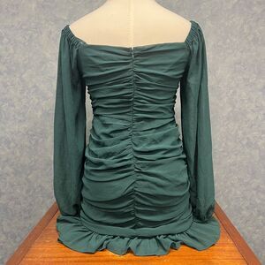 She + Sky Emerald Green Ruched Mini Dress Long Sleeve Off Shoulder Cocktail Sz L